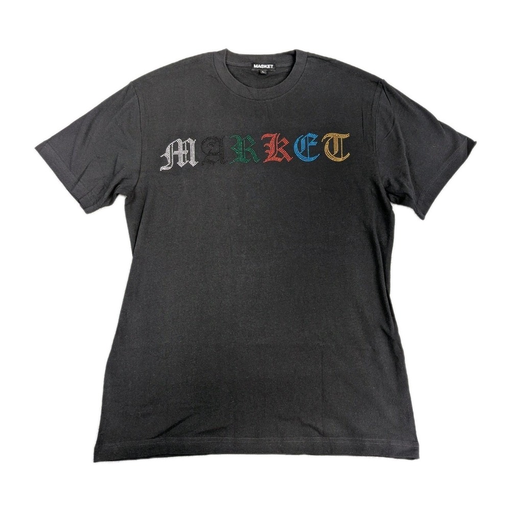 Market‎ Studios Spellout Shirt Mens Large Black Rainbow Rhinestone New Crew Neck